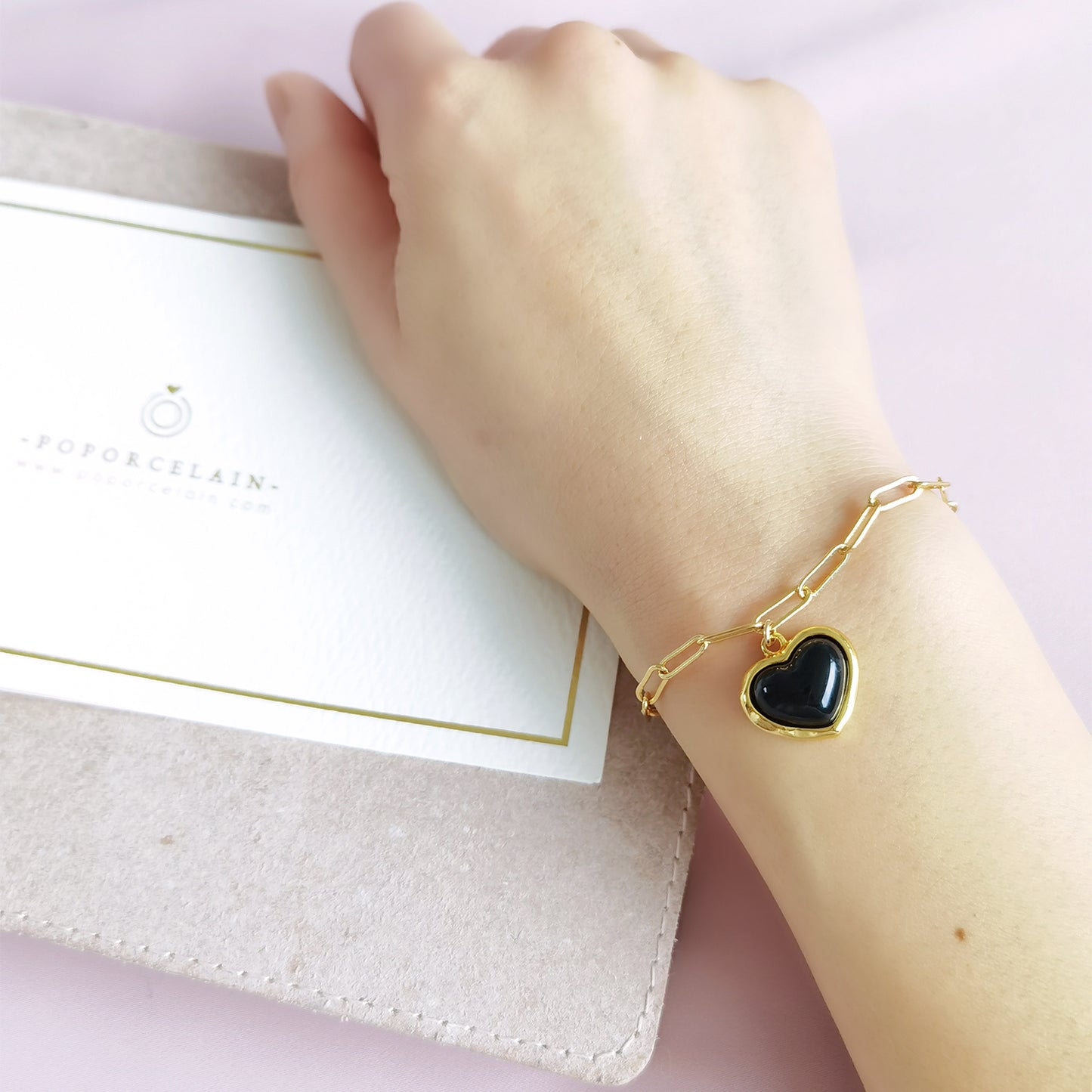 Porcelain Black Heart Charm Bracelet