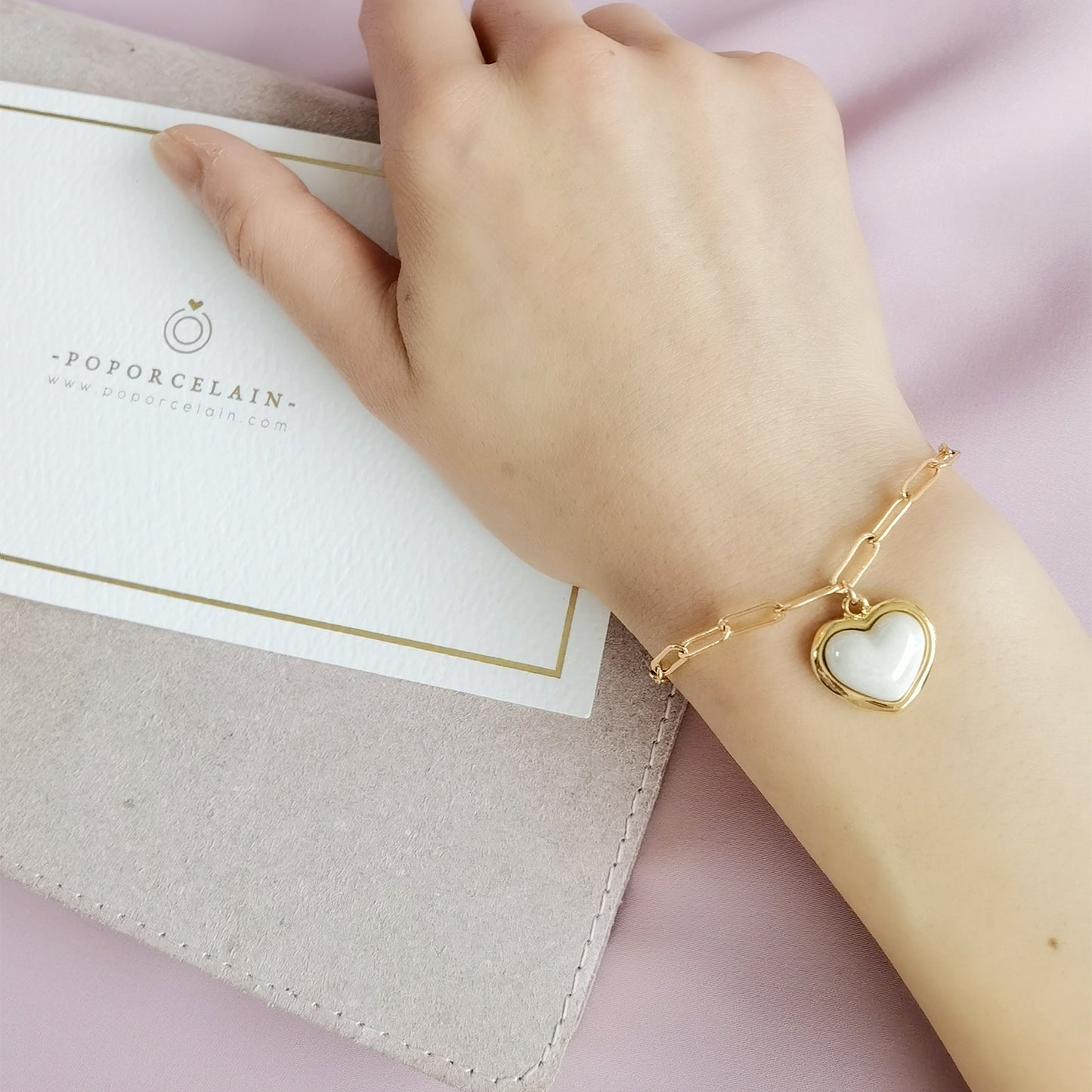 Porcelain Pearly White Heart Charm Bracelet
