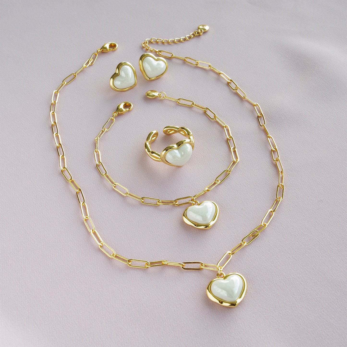 Porcelain Pearly White Heart Charm Bracelet