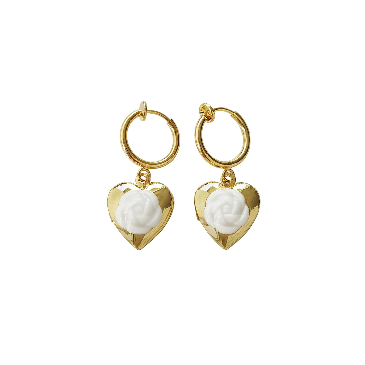 Mini Camellia Heart Locket Earrings