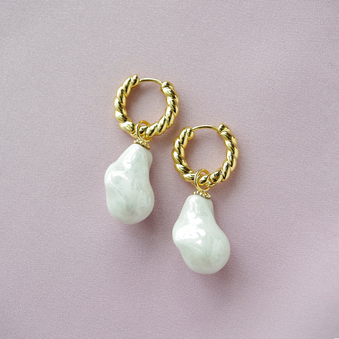 Porcelain Baroque Pearl Hoop Earrings