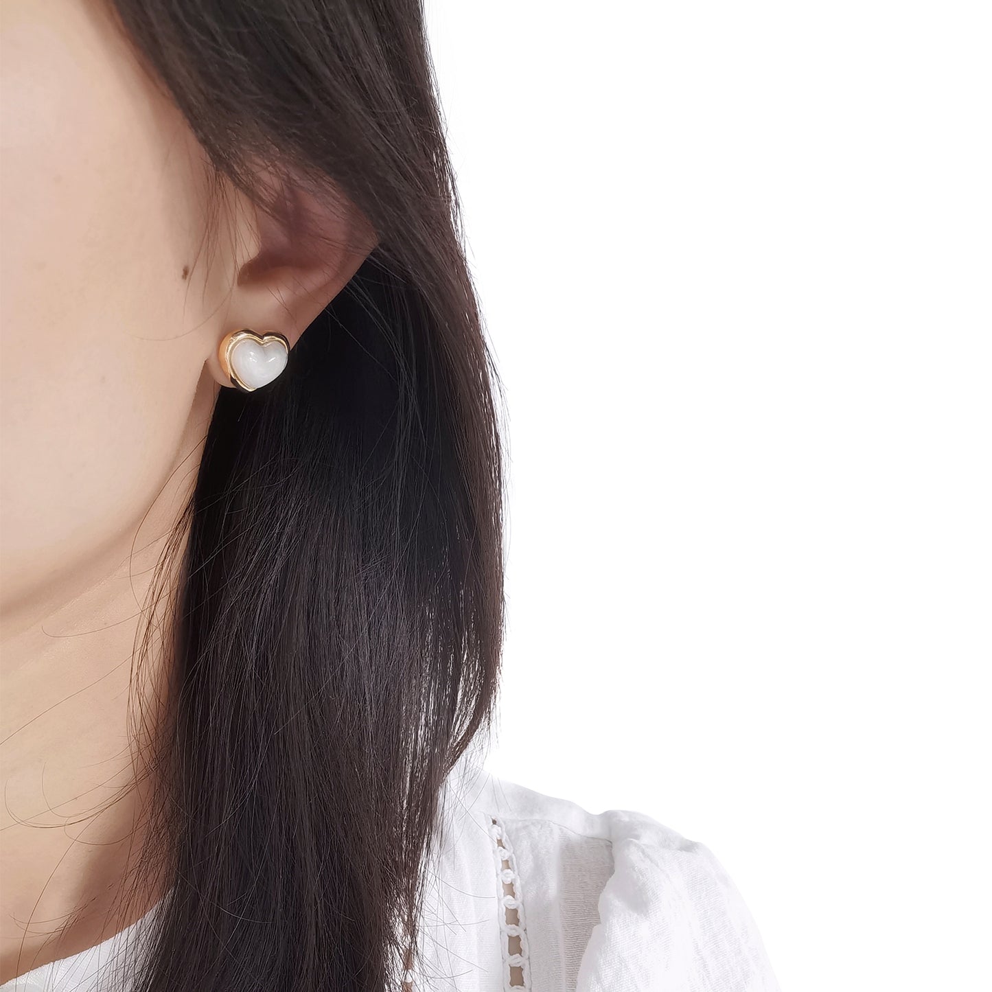 Porcelain Pearly White Heart Stud Earrings