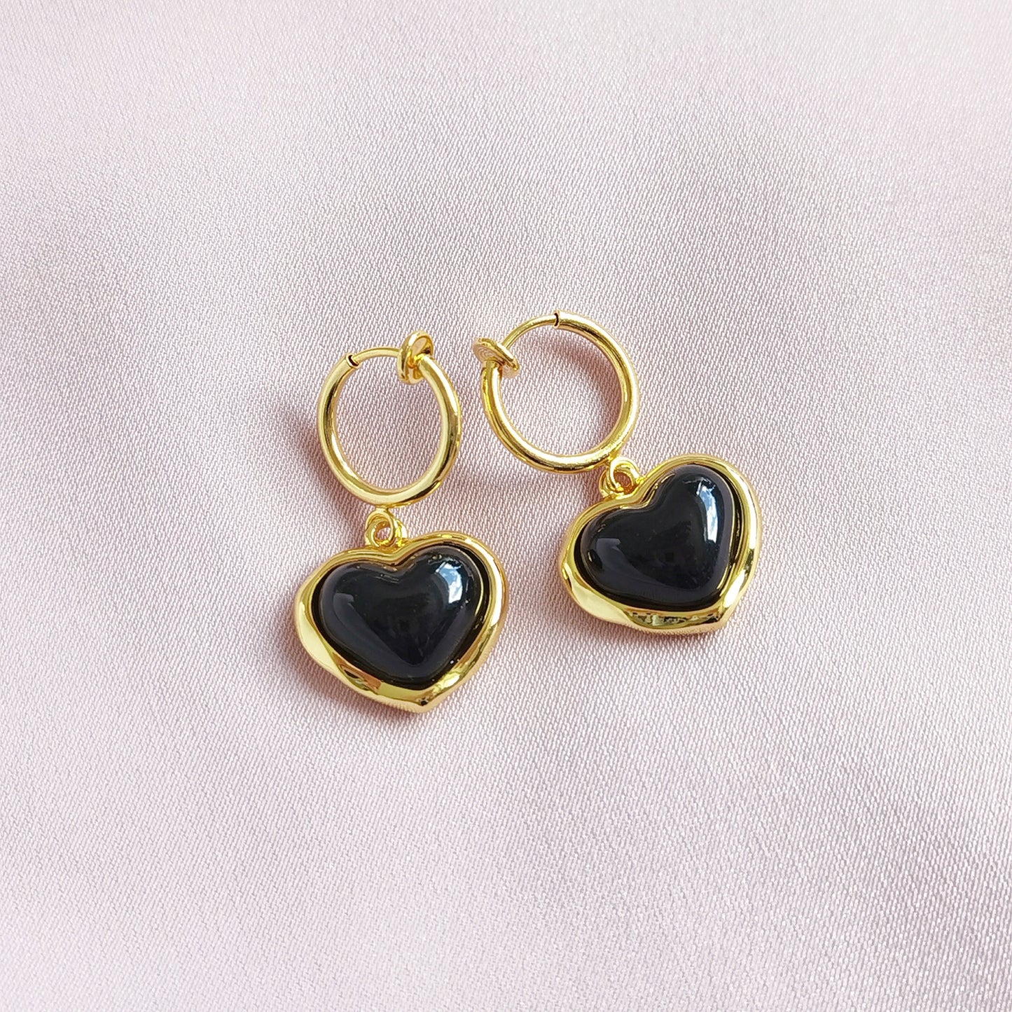 Porcelain Black Heart Clip-On Hoop Earrings