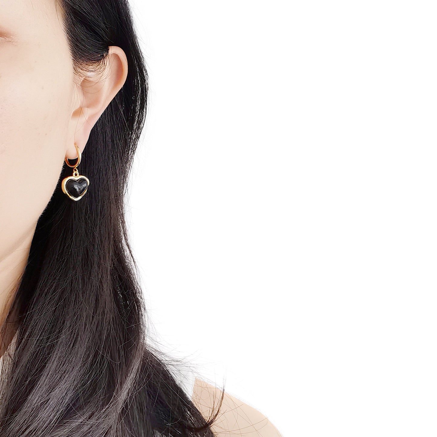 Porcelain Black Heart Clip-On Hoop Earrings