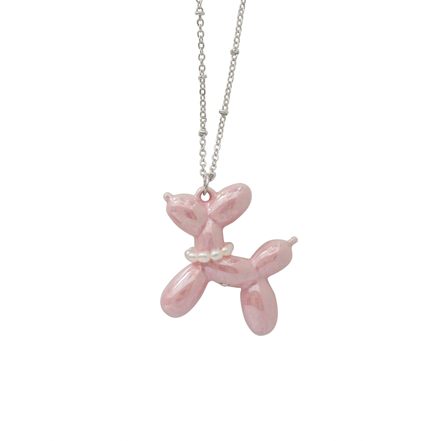 Pink Porcelain Balloon Doggie Necklace, Silver Tone