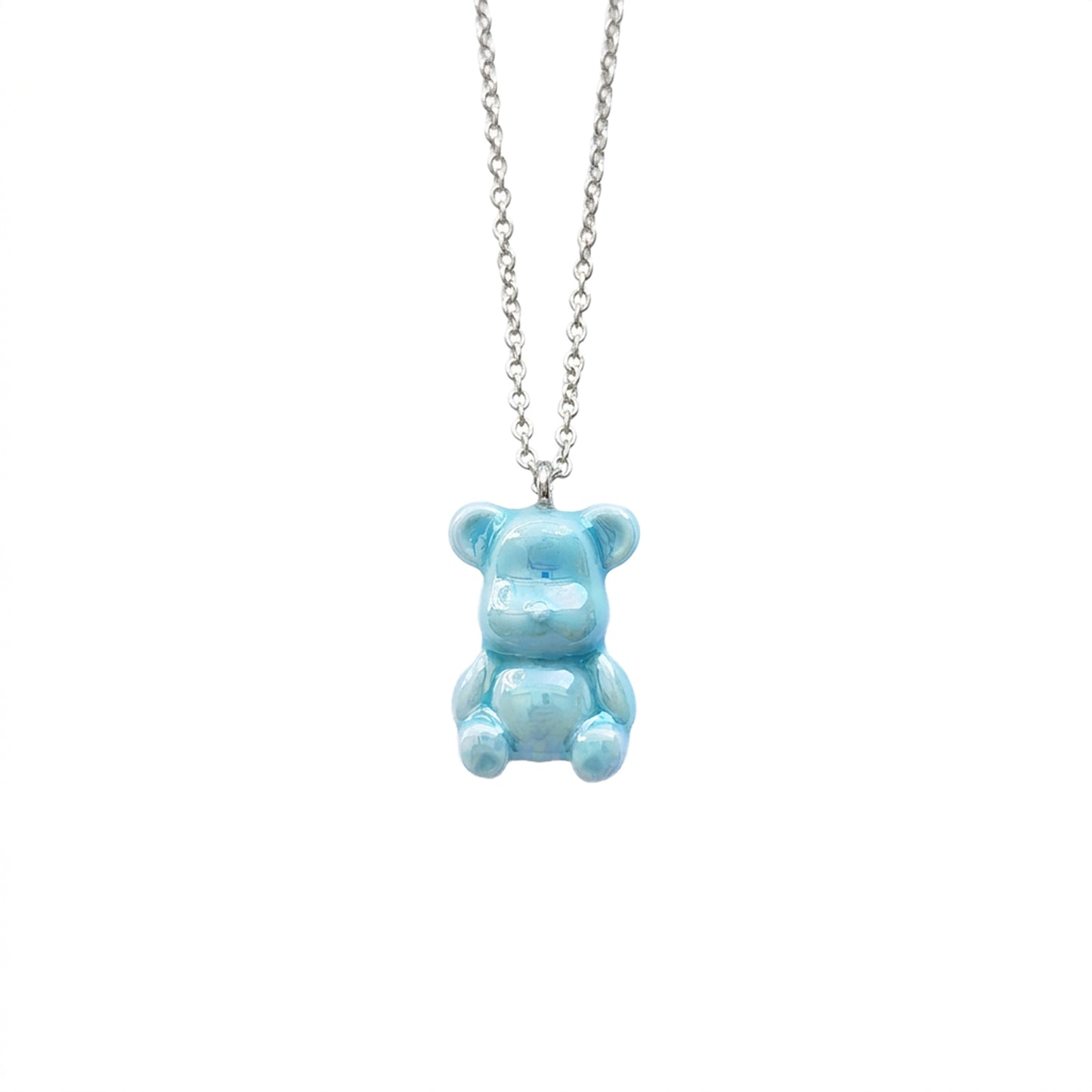 Sweet Pink Porcelain Teddy Bear Necklace, Silver Tone