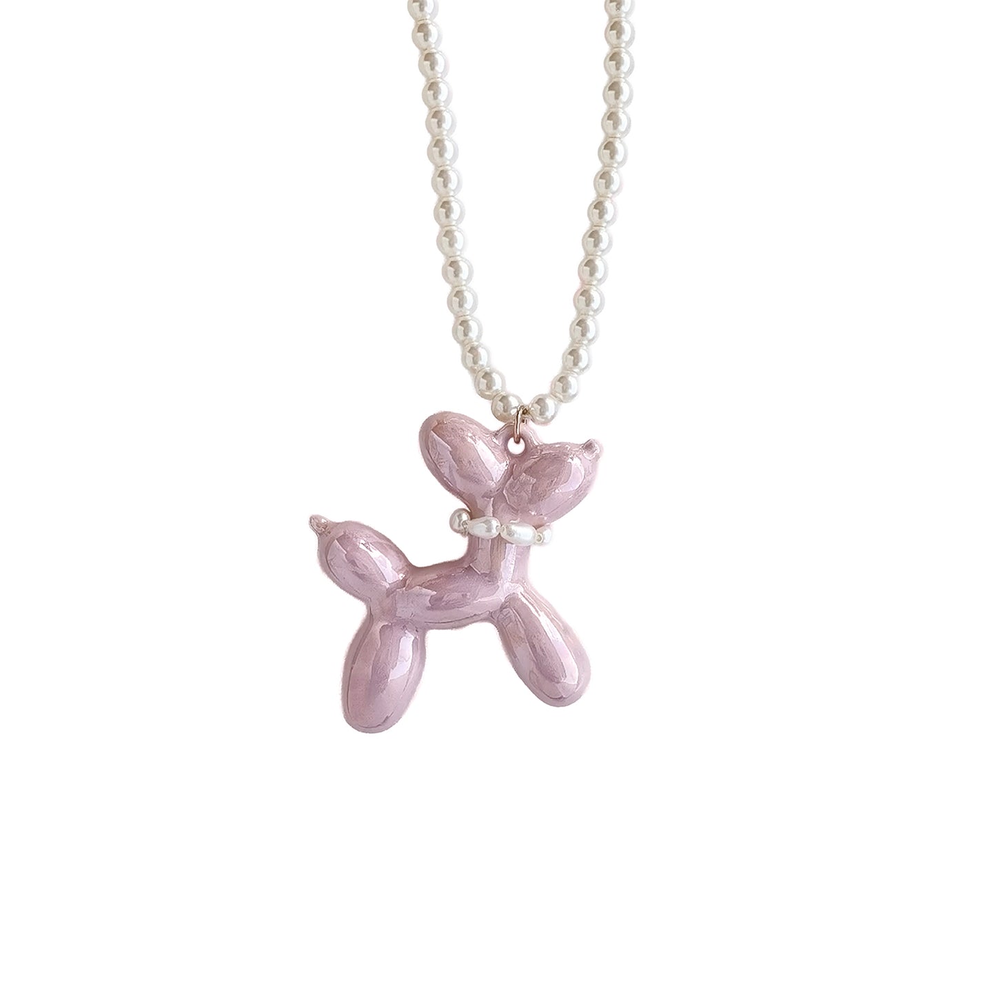 Sweet Pink Porcelain Balloon Doggie Pearl Necklace