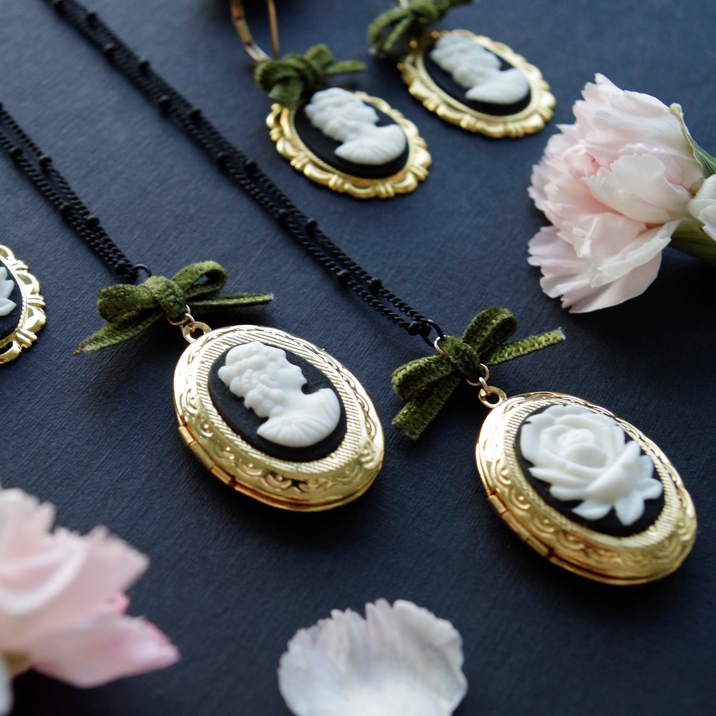 Dark Romance Rose Oval Porcelain Cameo Locket Necklace