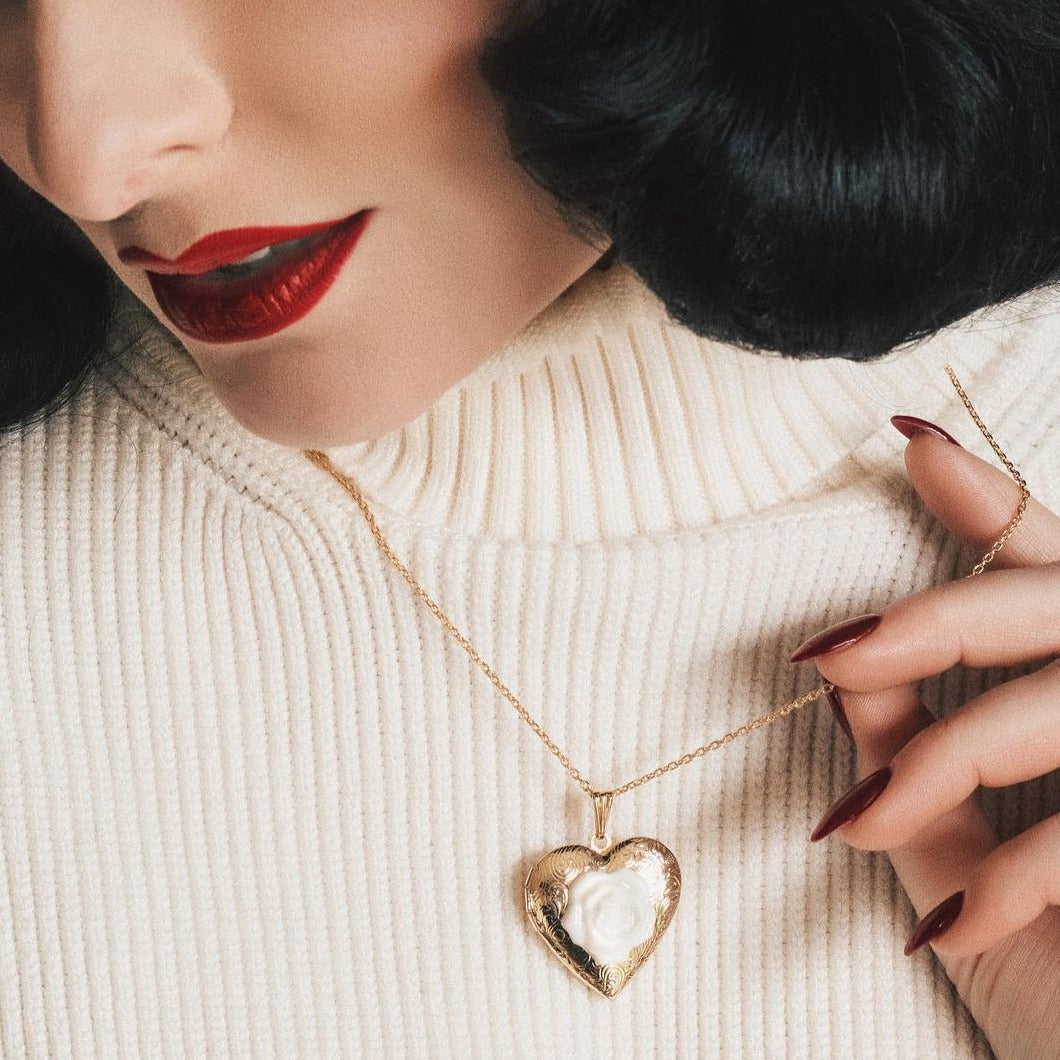 Heart Locket With Porcelain Rose Pendant Necklace