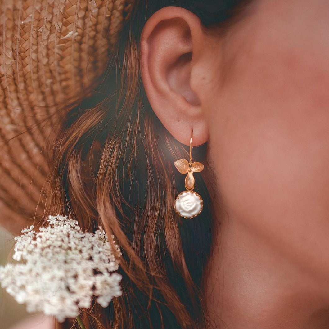 Mini Porcelain Moonlight Rose Drop Earrings