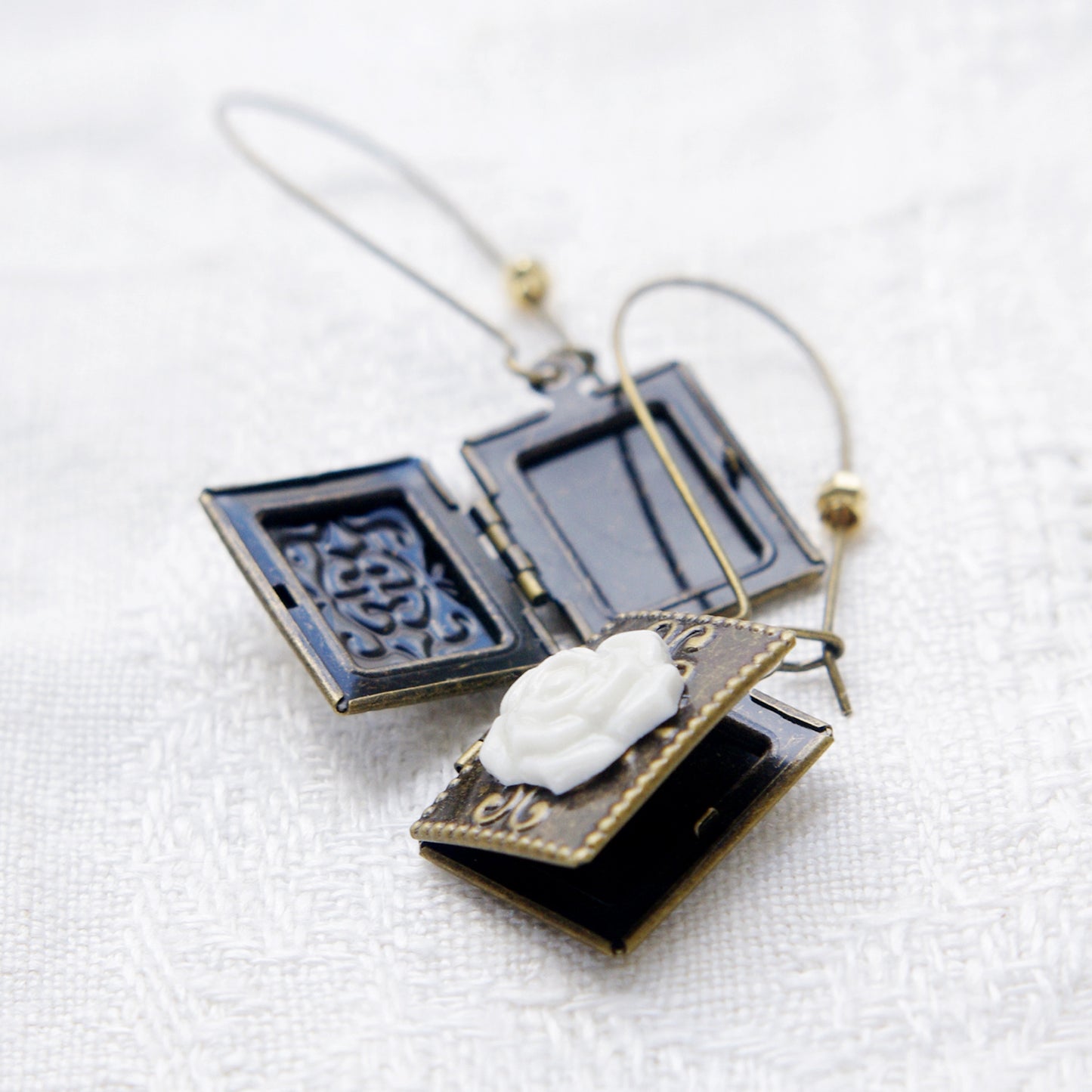 Classic Porcelain Rose On Vintage Book Locket Earrings