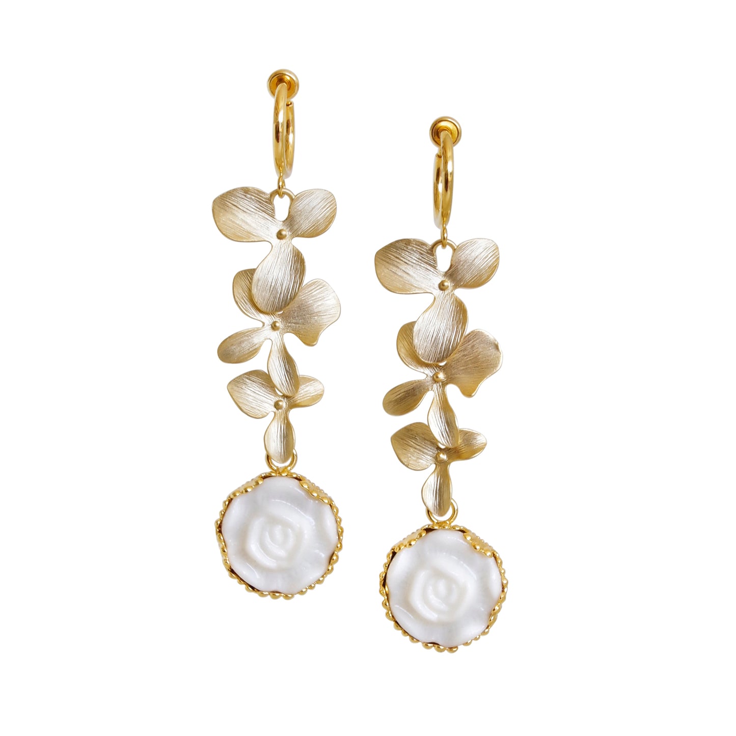 Porcelain Moonlight Rose And Triple Leaves Drop Earrings