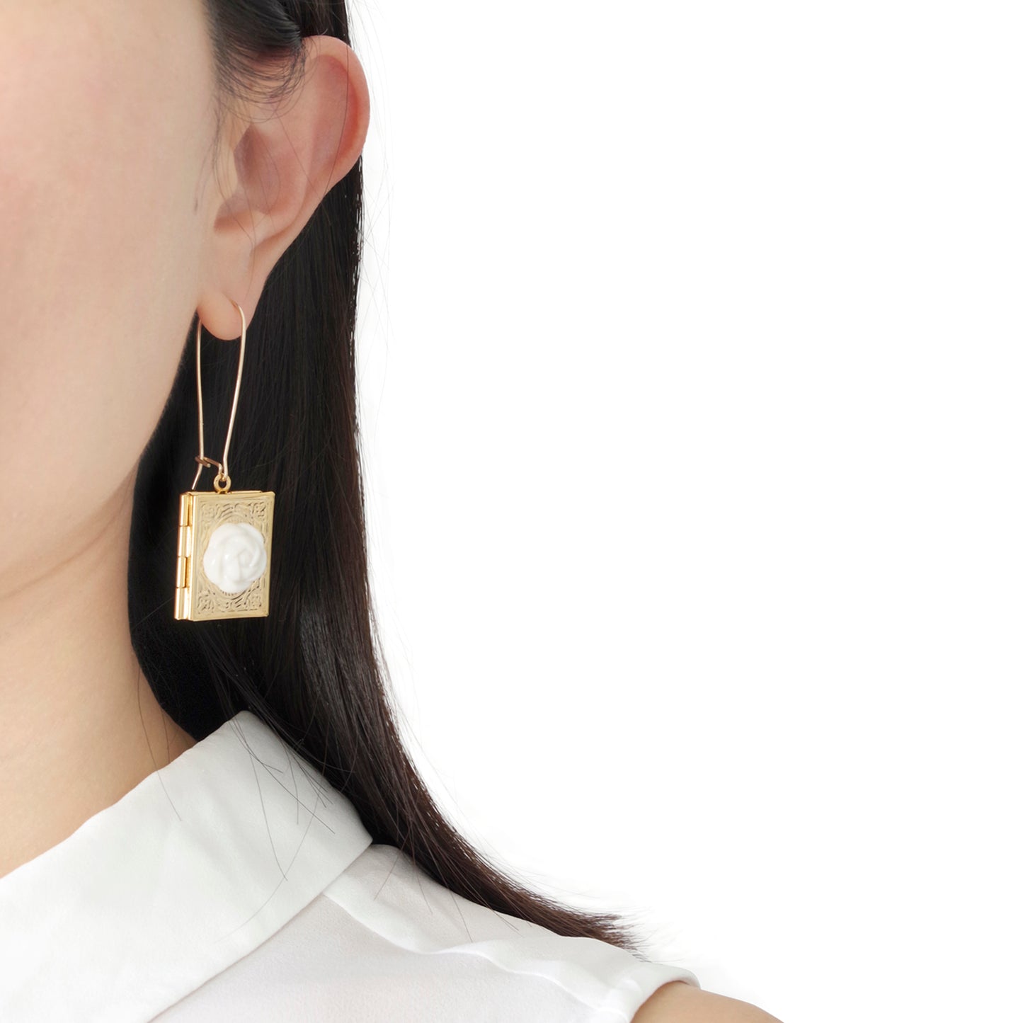 Porcelain Camellia Book Locket Earrings