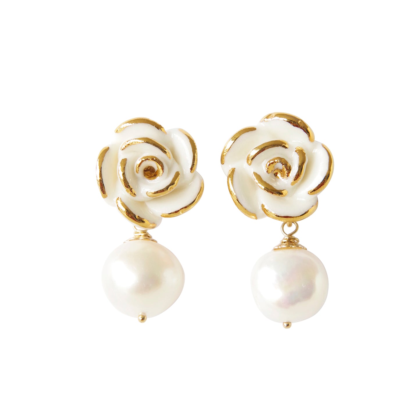 Golden White Cloud Rose Pearl Drop Earrings