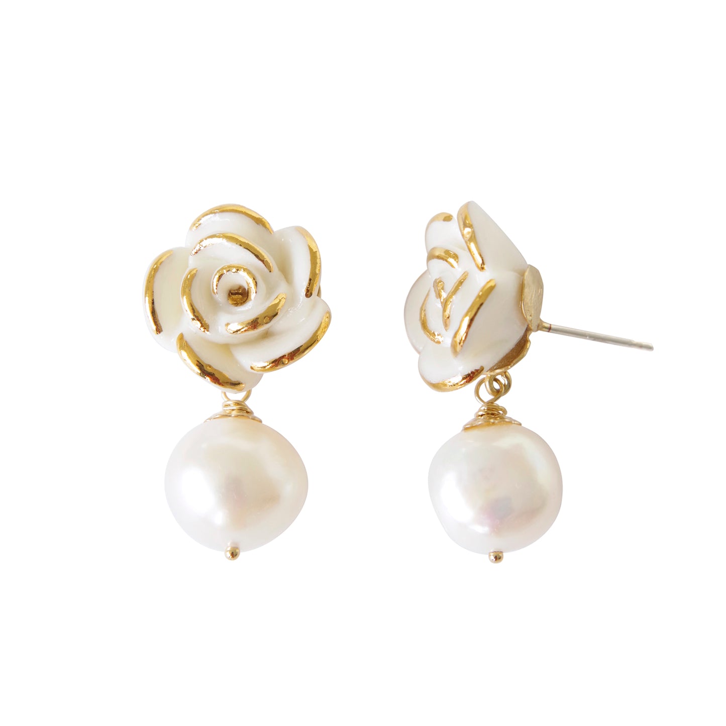 Golden White Cloud Rose Pearl Drop Earrings