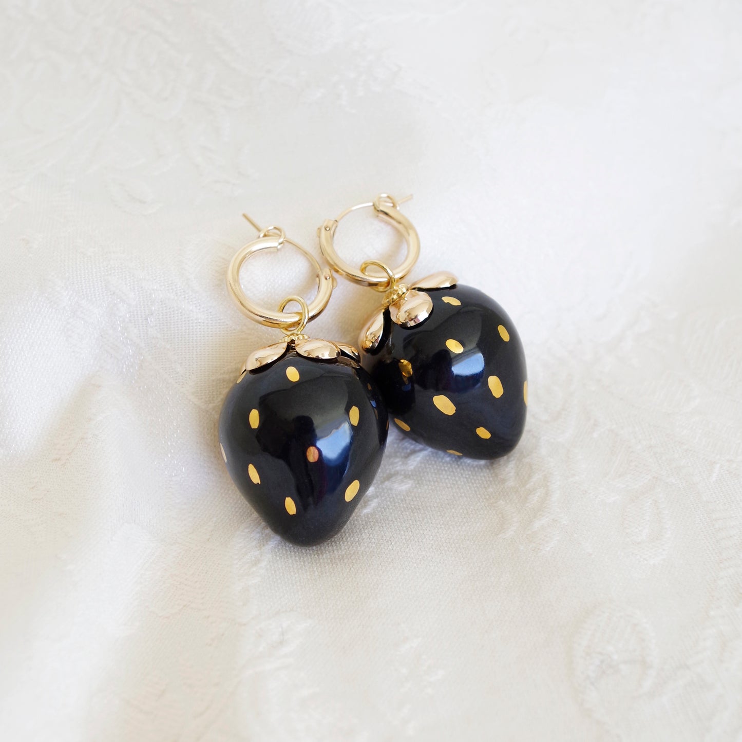 Golden Black Porcelain Strawberry Earrings