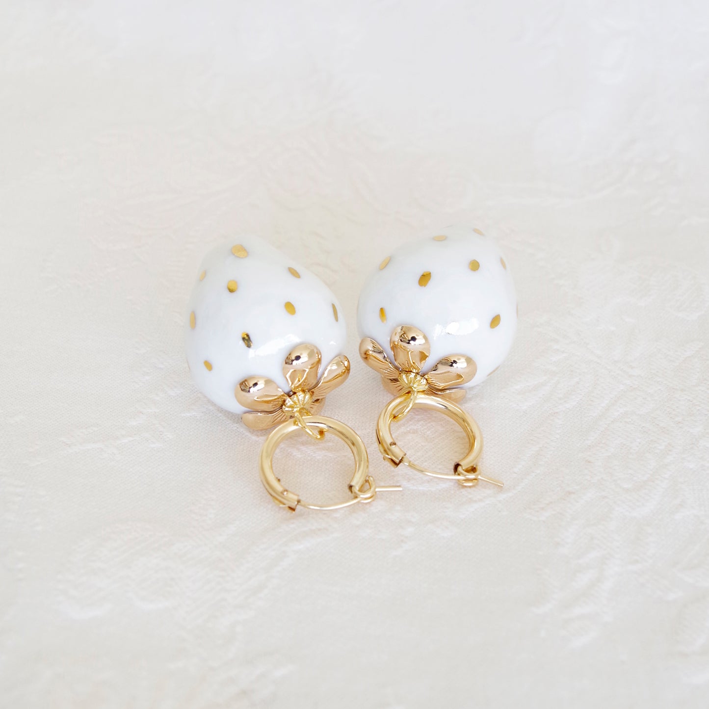 Golden White Porcelain Strawberry Earrings