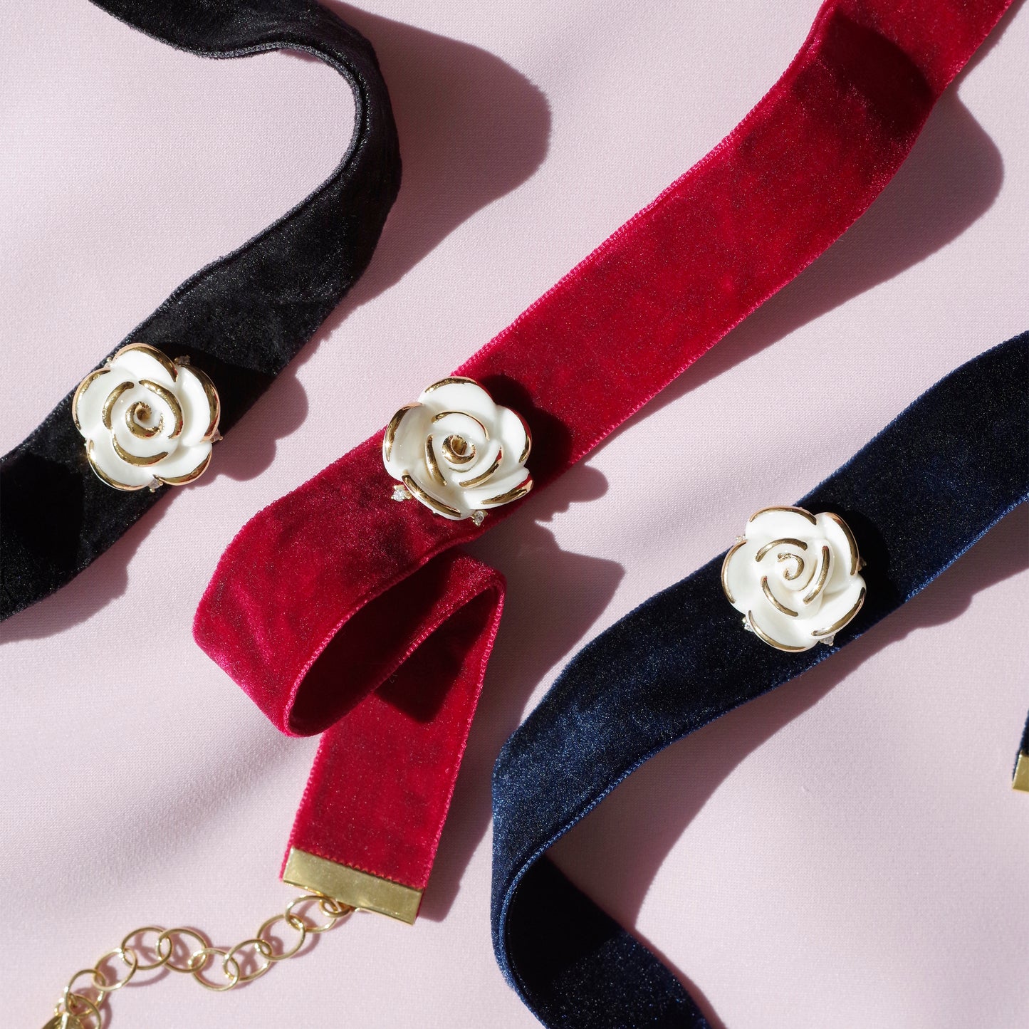 Golden White Cloud Rose Navy Velvet Choker