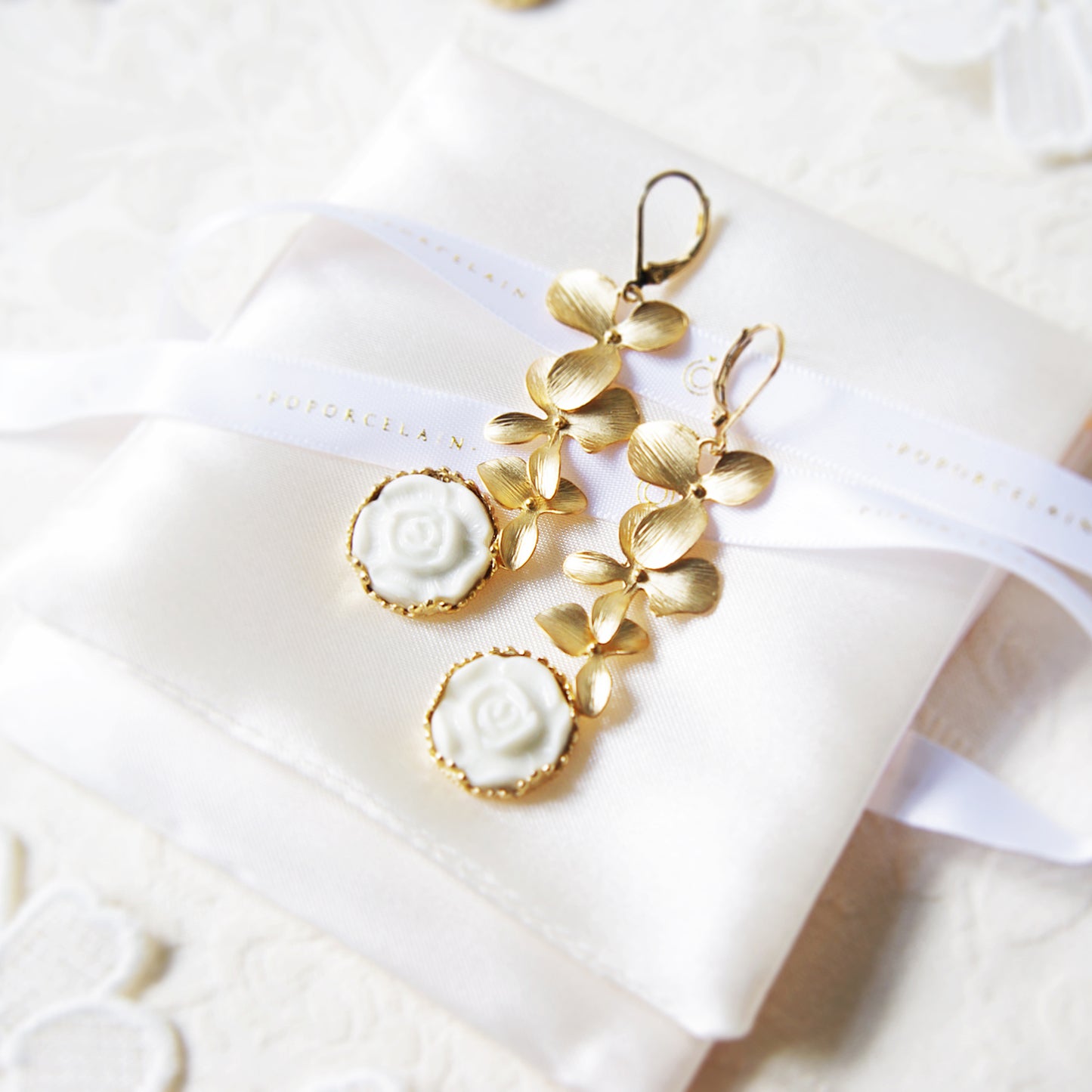 Porcelain Moonlight Rose And Triple Leaves Drop Earrings