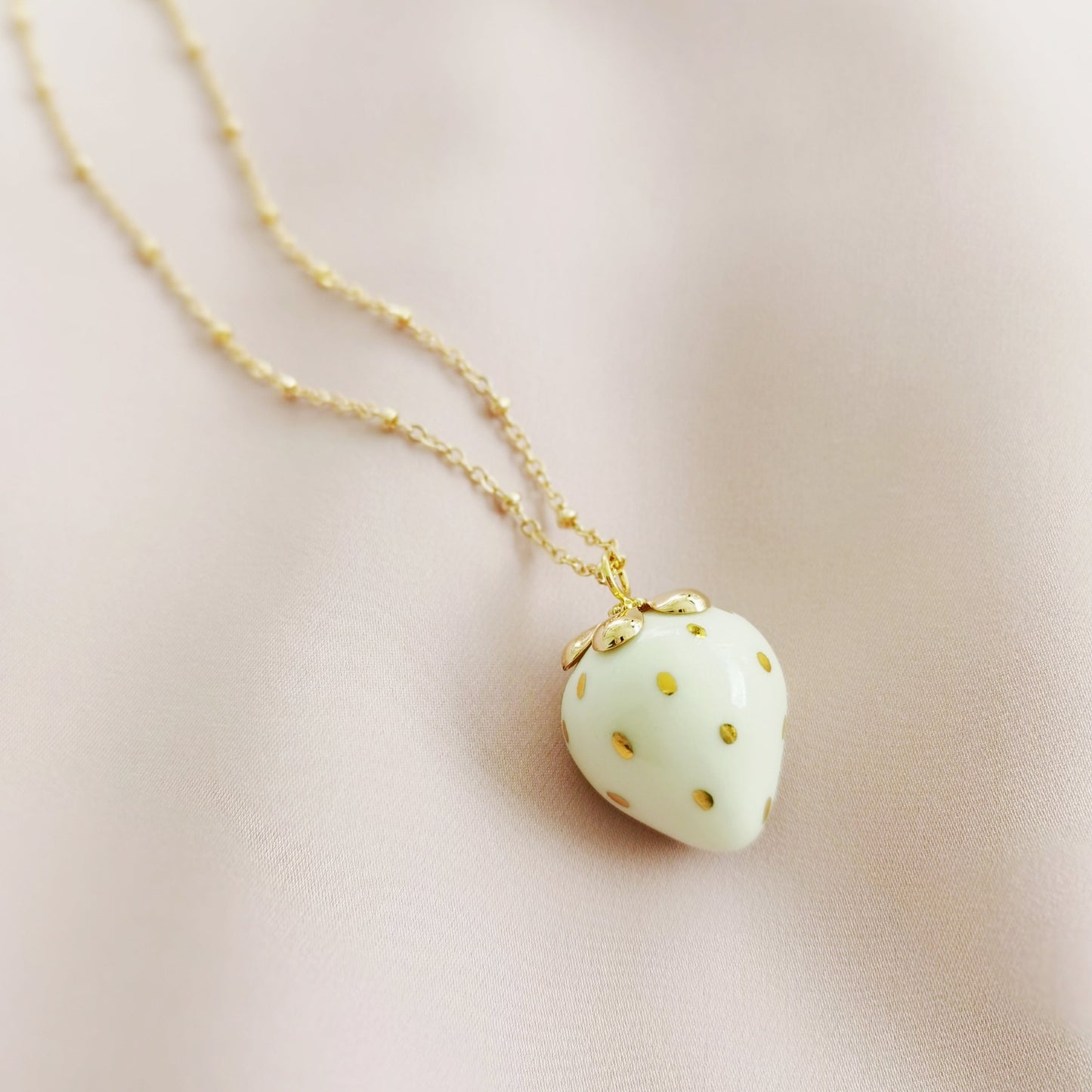 Golden White Porcelain Strawberry Necklace