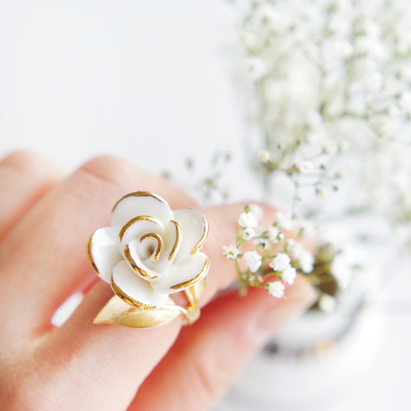 Golden White Cloud Rose Cocktail Ring