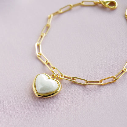 Porcelain Pearly White Heart Charm Bracelet