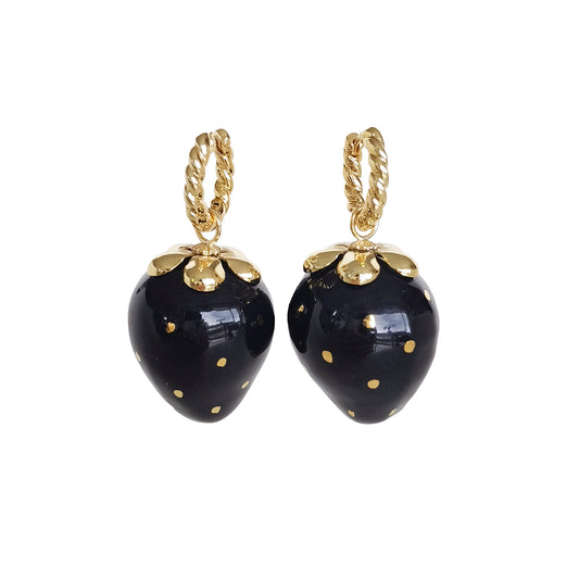 Golden Black Porcelain Strawberry Earrings