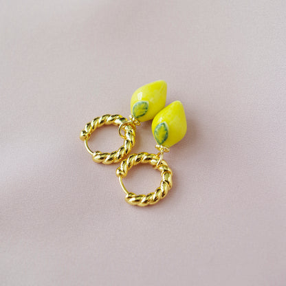 Mini Porcelain Lemon Hoop Earrings