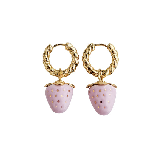 Mini Pink Porcelain Strawberry Hoop Earrings