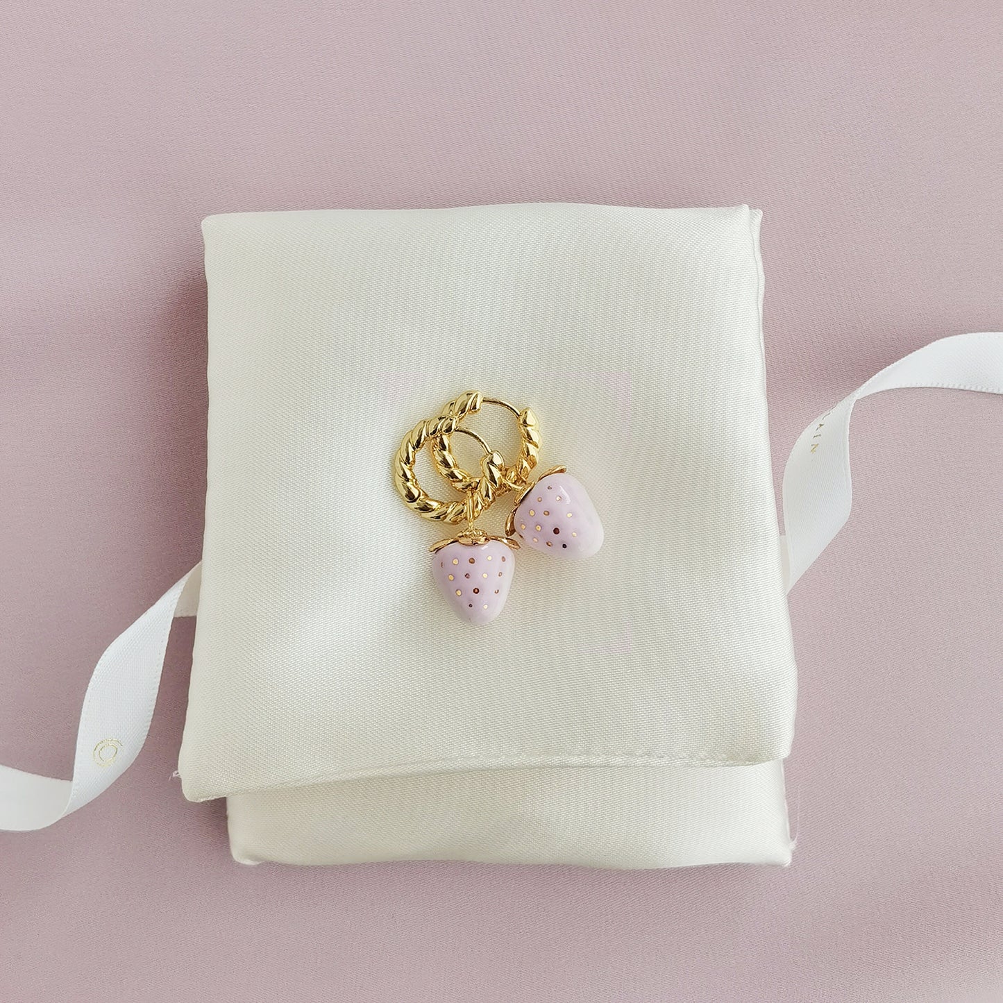Mini Pink Porcelain Strawberry Hoop Earrings