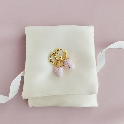 Mini Pink Porcelain Strawberry Hoop Earrings