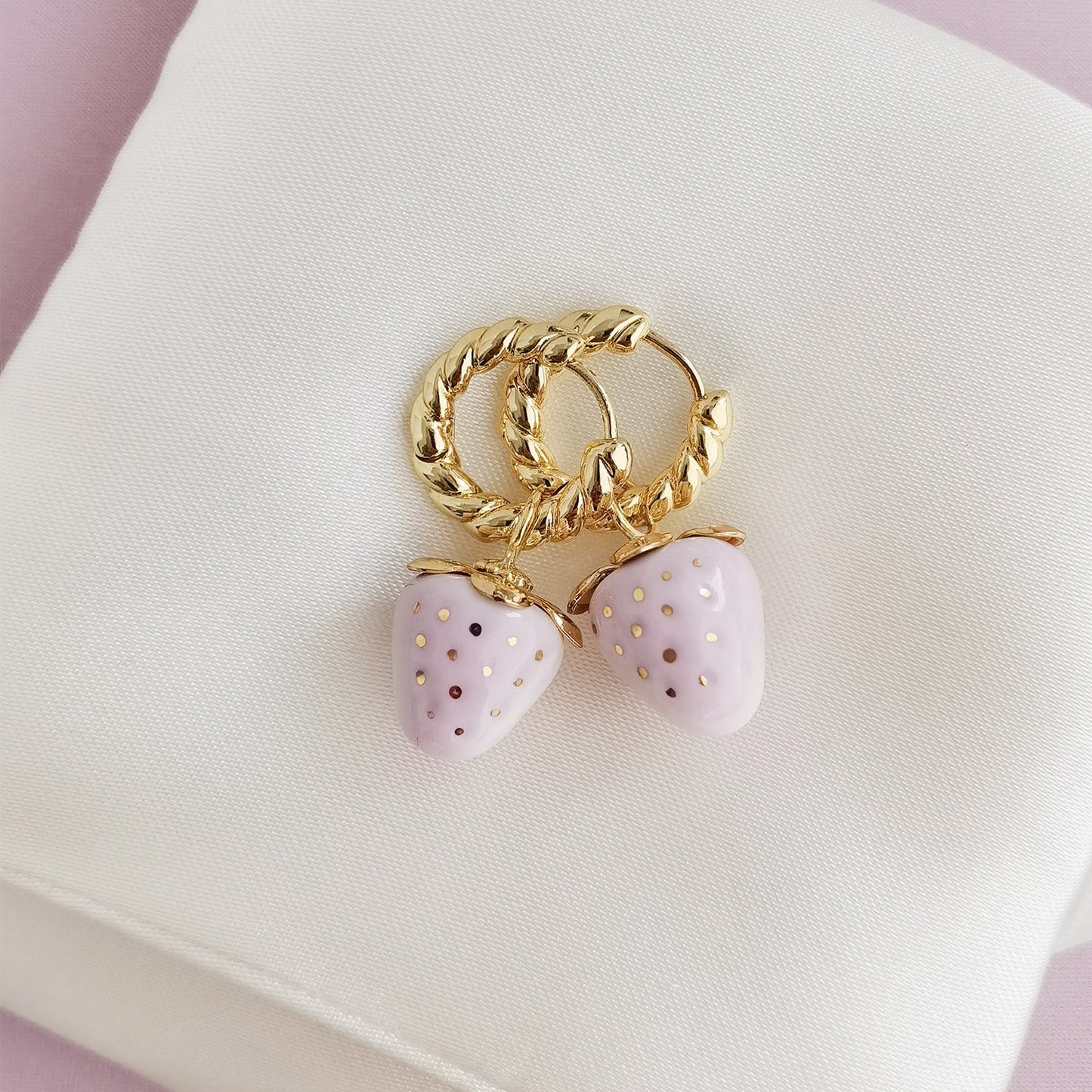 Mini Pink Porcelain Strawberry Hoop Earrings