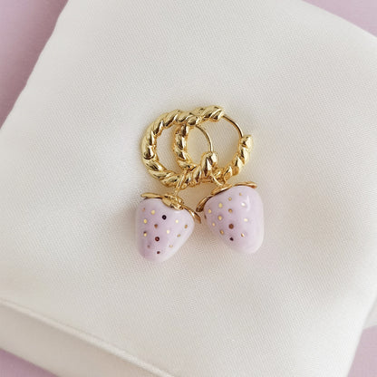 Mini Pink Porcelain Strawberry Hoop Earrings