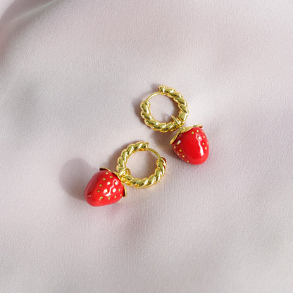 Mini Red Porcelain Strawberry Hoop Earrings