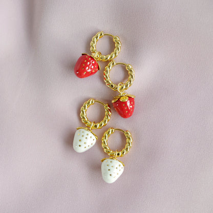 Mini Red Porcelain Strawberry Hoop Earrings