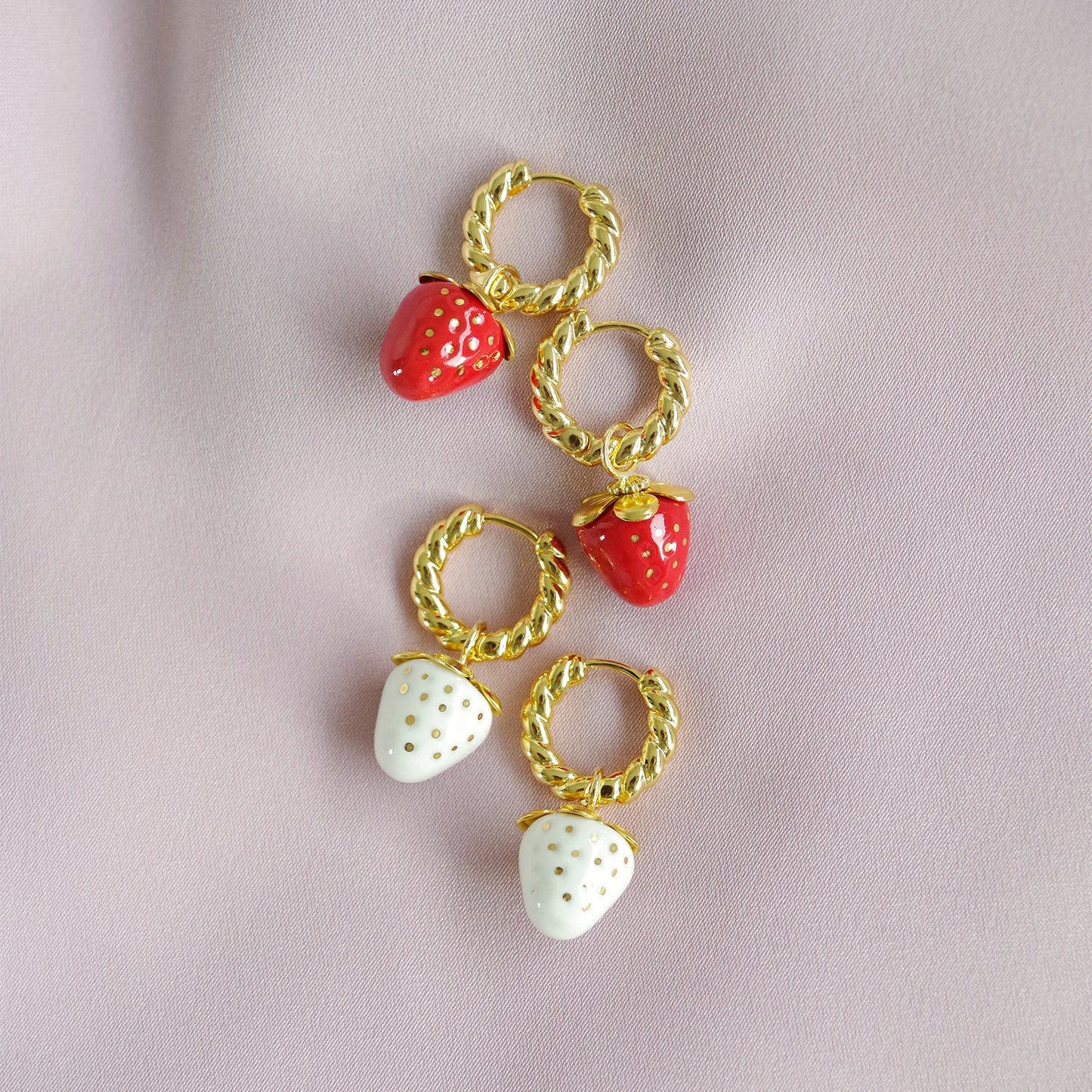 Mini White Porcelain Strawberry Hoop Earrings