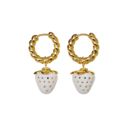 Mini Pink Porcelain Strawberry Hoop Earrings