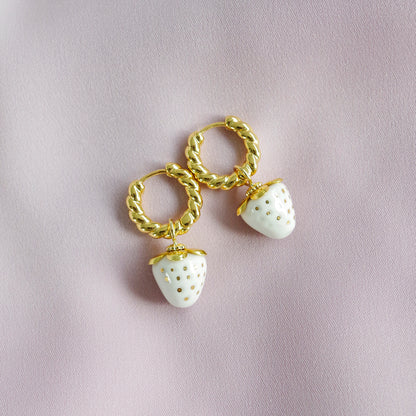 Mini White Porcelain Strawberry Hoop Earrings