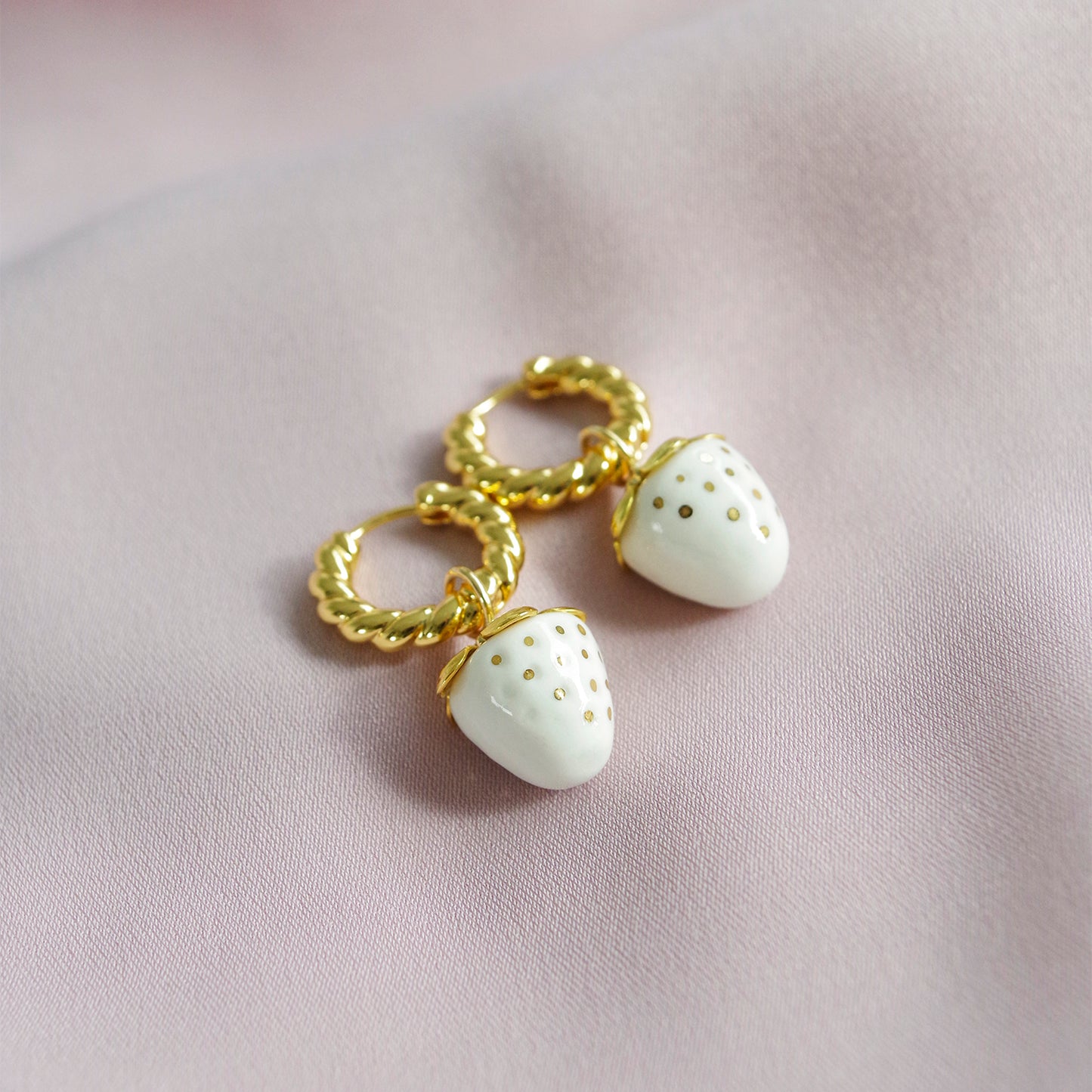 Mini White Porcelain Strawberry Hoop Earrings