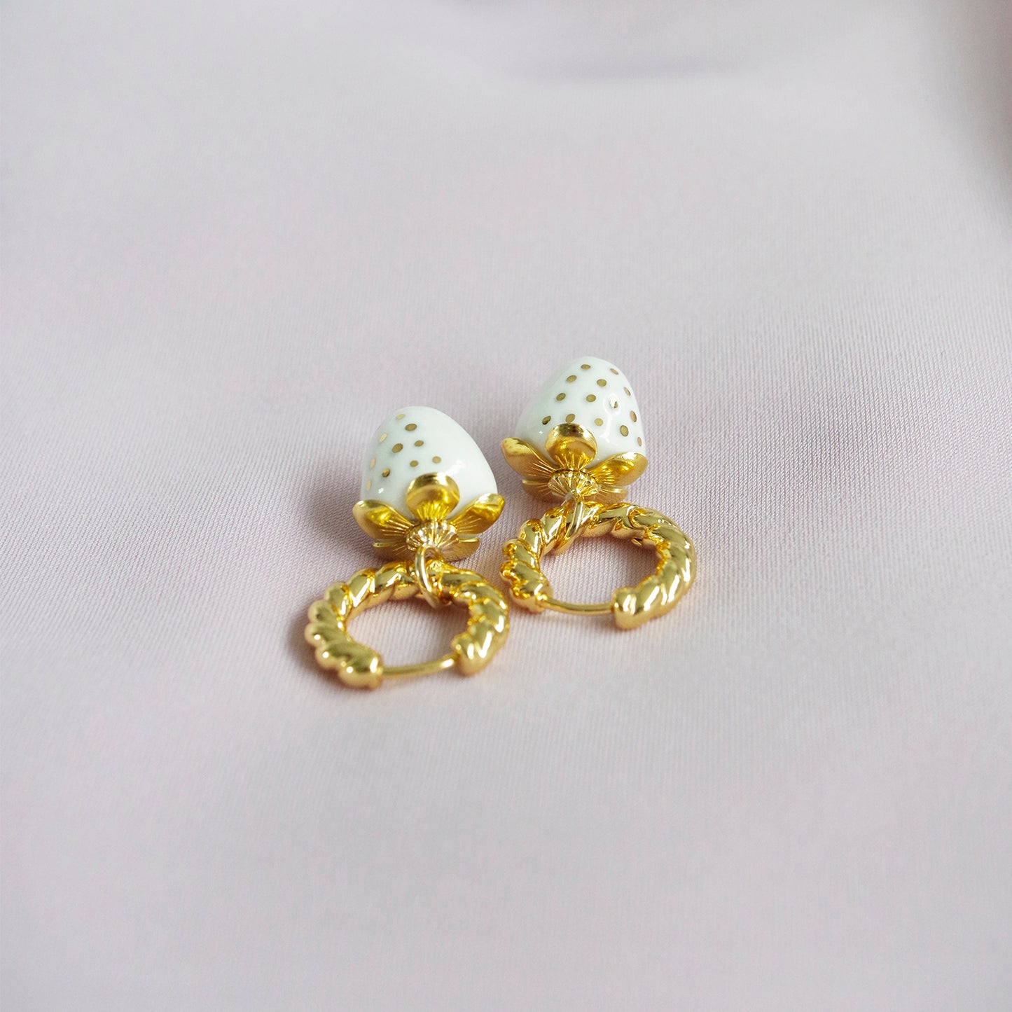 Mini White Porcelain Strawberry Hoop Earrings
