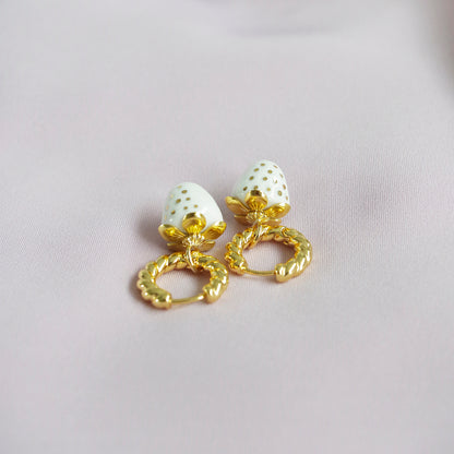 Mini White Porcelain Strawberry Hoop Earrings