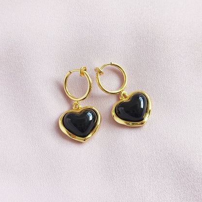 Porcelain Black Heart Clip-On Hoop Earrings