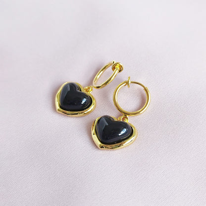 Porcelain Black Heart Clip-On Hoop Earrings