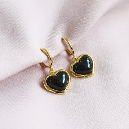 Porcelain Black Heart Clip-On Hoop Earrings