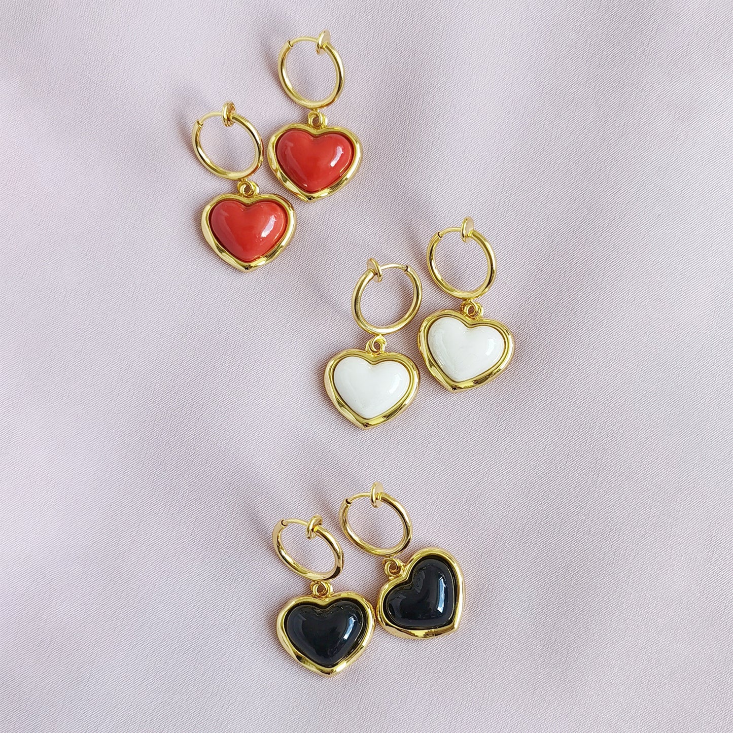 Porcelain Red Heart Clip-On Hoop Earrings
