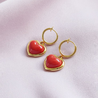 Porcelain Red Heart Clip-On Hoop Earrings