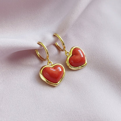 Porcelain Red Heart Clip-On Hoop Earrings