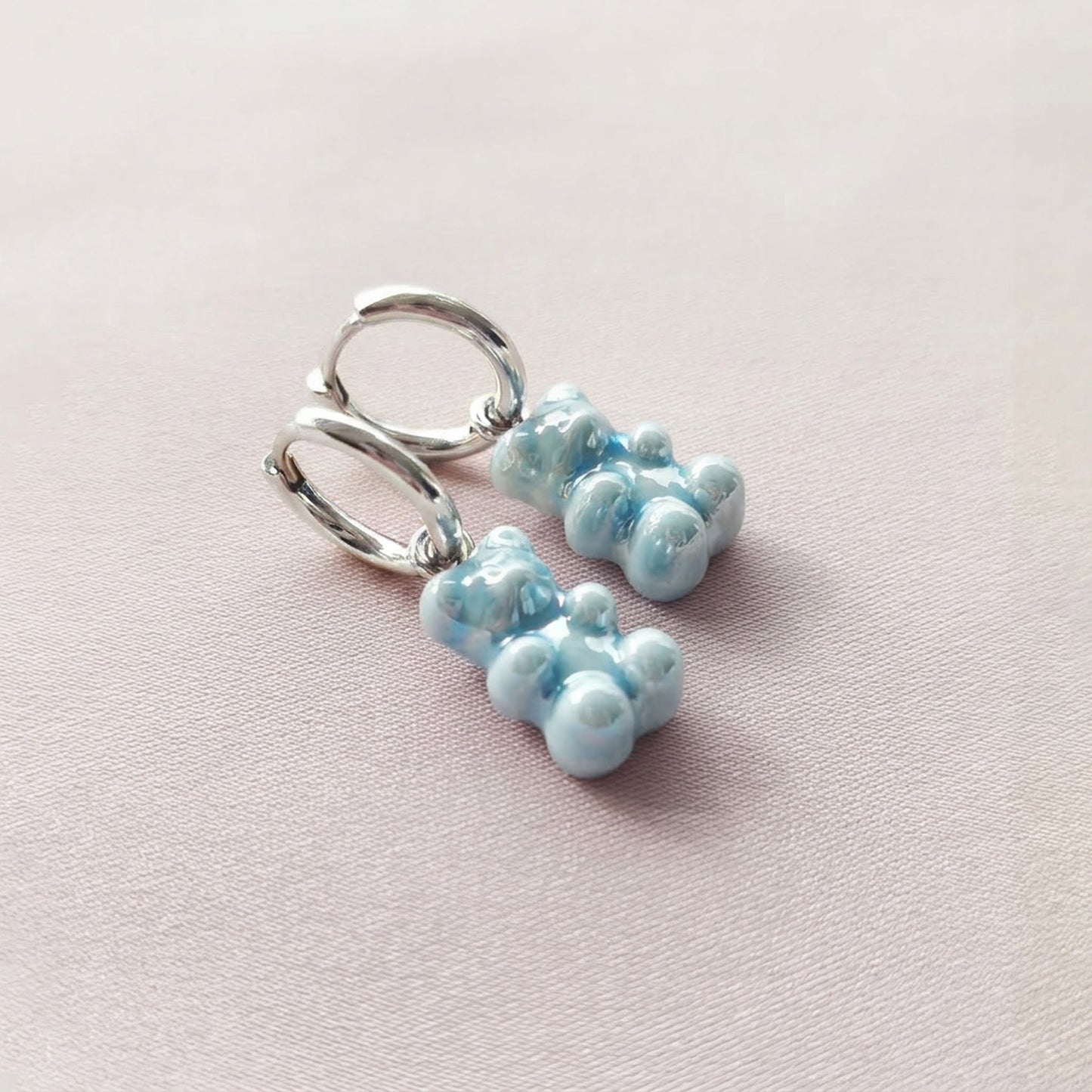 Baby Blue Porcelain Gummy Bear Earrings, Silver tone