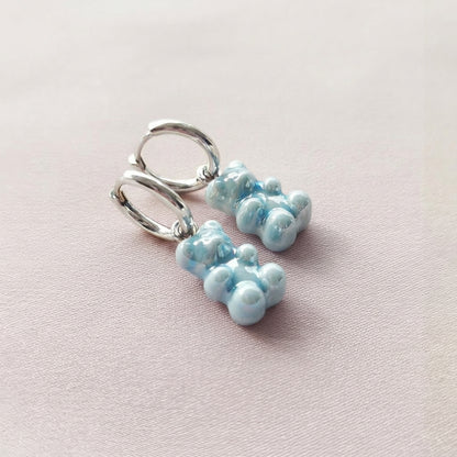 Baby Blue Porcelain Gummy Bear Earrings, Silver tone