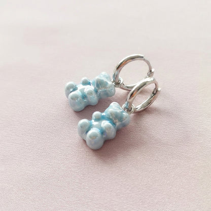 Baby Blue Porcelain Gummy Bear Earrings, Silver tone